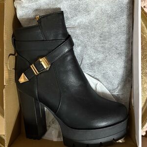Women's Black Platform Ankle Boots with Gold Buckle